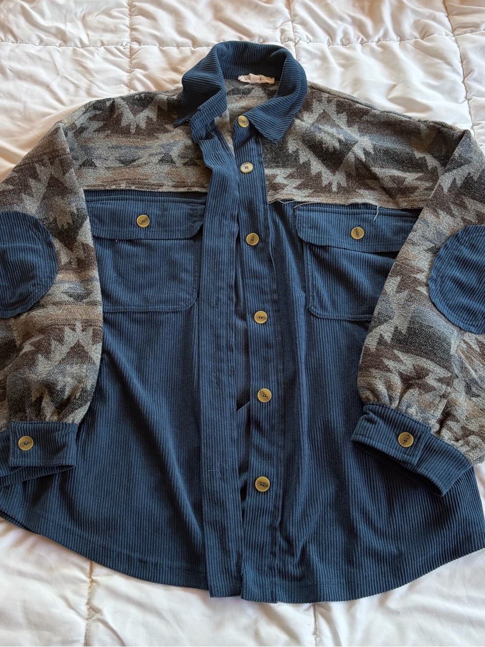 Button-Front Blue Corduroy & Patterned Knit Shacket